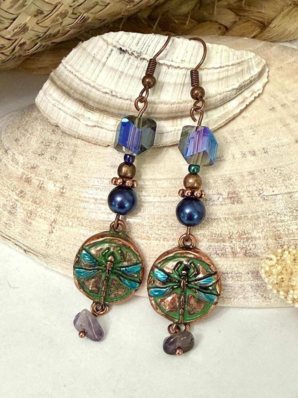 Embossed Copper Crystal & Stone Beaded Dragonfly Earrings